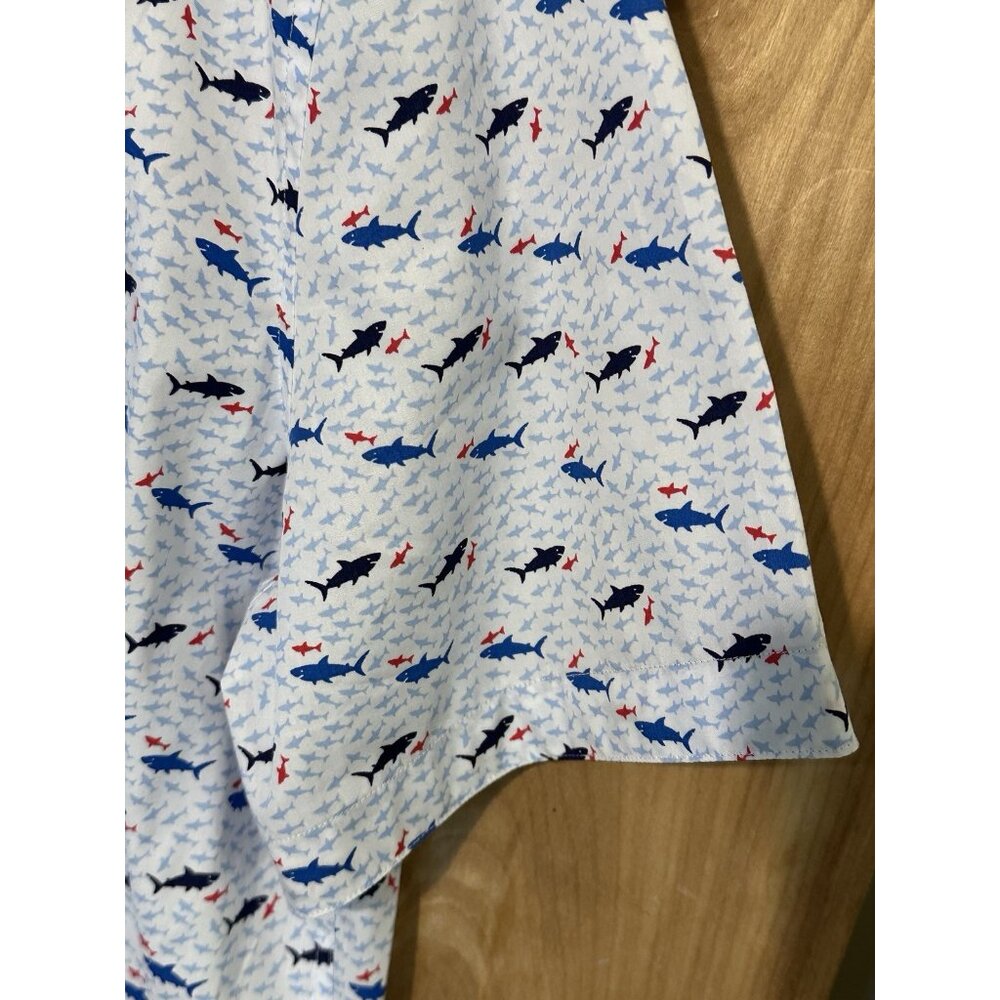 Johnston Murphy Men’s Large Shirt White Blue Geometric Shark Print Short Sleeve - Picture 4 of 11